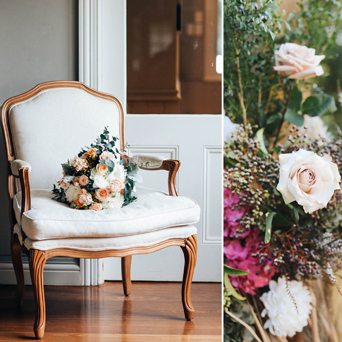 Country-style chair with vintage floral arrangements at a classic wedding in Bangalow Guesthouse