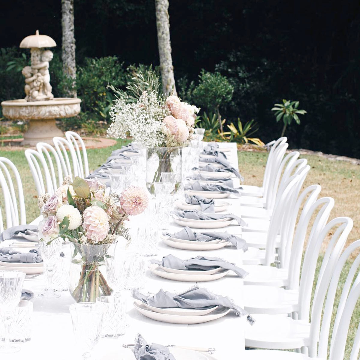 Elegant wedding table setting in the gardens of Bangalow Guesthouse