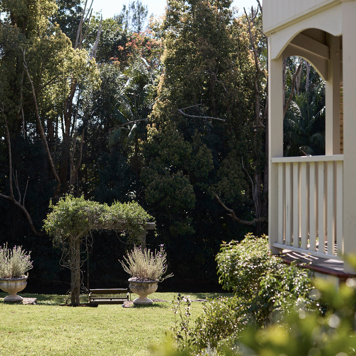 Bangalow Guesthouse — Three Acres of Peaceful Heritage Gardens Three-acre heritage gardens at Bangalow Guesthouse with tropical trees, manicured lawns, and peaceful Byron Bay hinterland views