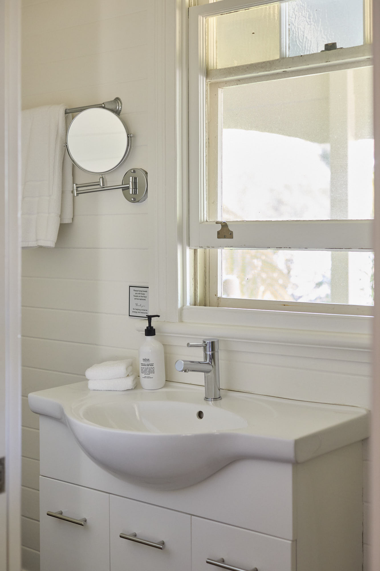 Joseph Snow Suite private ensuite with basin and garden views at Bangalow Guesthouse