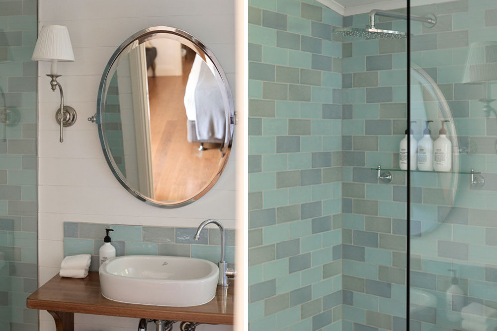 Elegant heritage bathroom in Lawrence Cottage at Bangalow Guesthouse featuring bespoke fittings and warm natural light