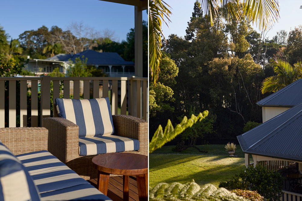 Miller Apartment private balcony with peaceful garden views at Bangalow Guesthouse in the Byron Bay hinterland